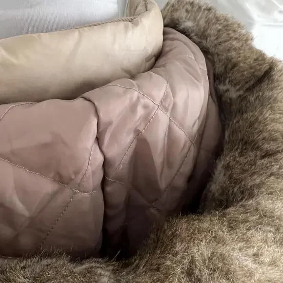 Y2K Vintage Juicy Couture Tan Puffer Jacket Faux Fur Hood Glam Winter Coat Small - Picture 9 of 9